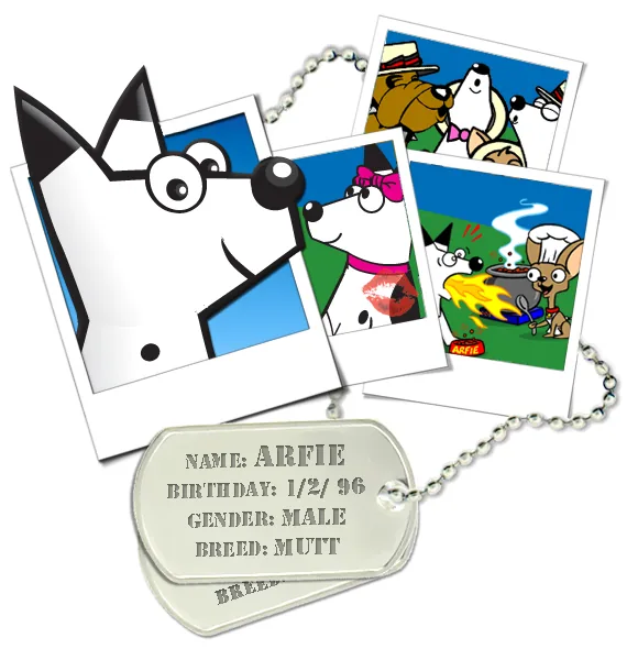 A friendly profile of Arfie, the Dogpile mascot — listing his birthdate and breed alongside snapshots of him with his pet pals.