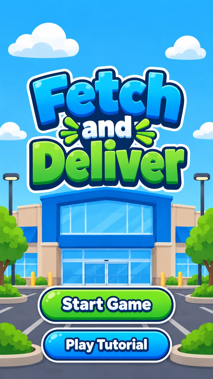 Fetch and Deliver outside a cartoon big-box store