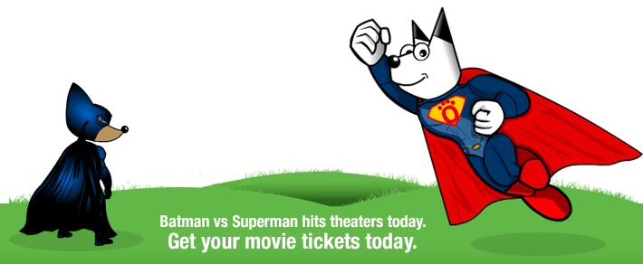 Arfie dressed as Batman facing off with Superman.